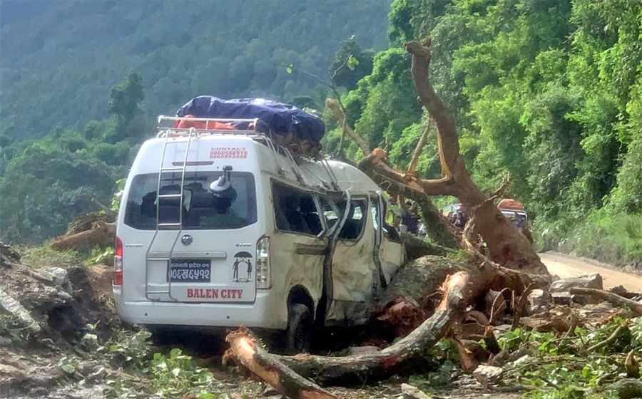 गुडिरहेको माइक्रो बसमाथि रुख ढल्यो, ९ यात्रु घाइते