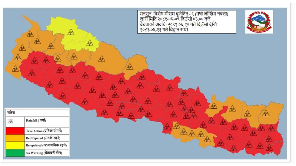 आज र भोलि देशभरी भीषण वर्षा, ४२ जिल्लामा रात्रिबस चलाउन रोक