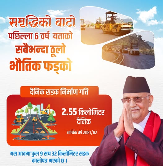 चालु आवमा दैनिक २.५५ किलोमिटर सडक निर्माणः प्रधानमन्त्री